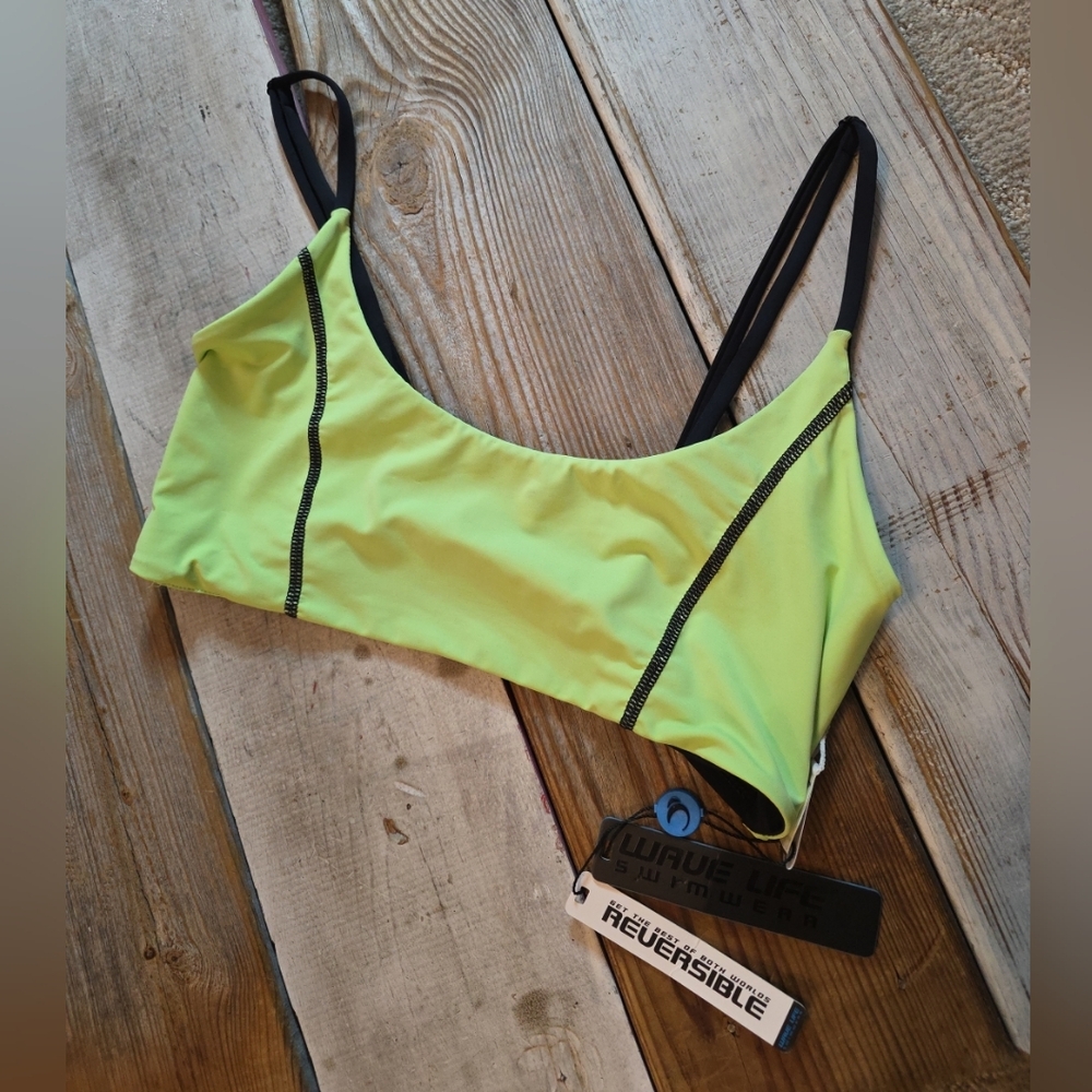 Wave Life Swimwear Bali Escape Reversible Bikini Top Size XL Black Neon Green
